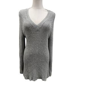 Chico’s Gray Heavyweight V Neck Sweater Size 2 Large Drapey Cozy Rib Knit Winter